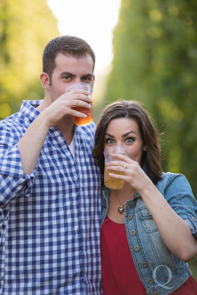 engagement photo drinking beer