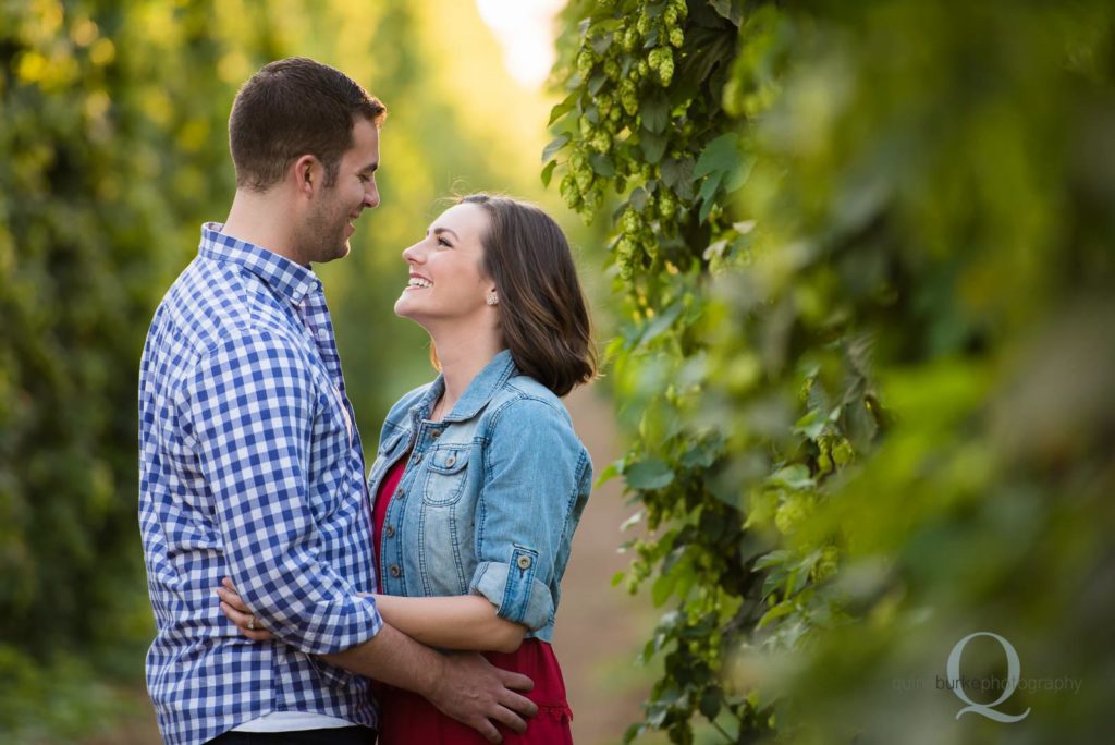engaged couple in hop farm