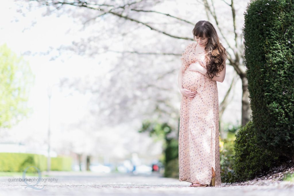 beautiful maternity in park cherry blossoms