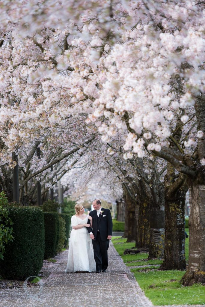 bride groom cherry blossom trees
