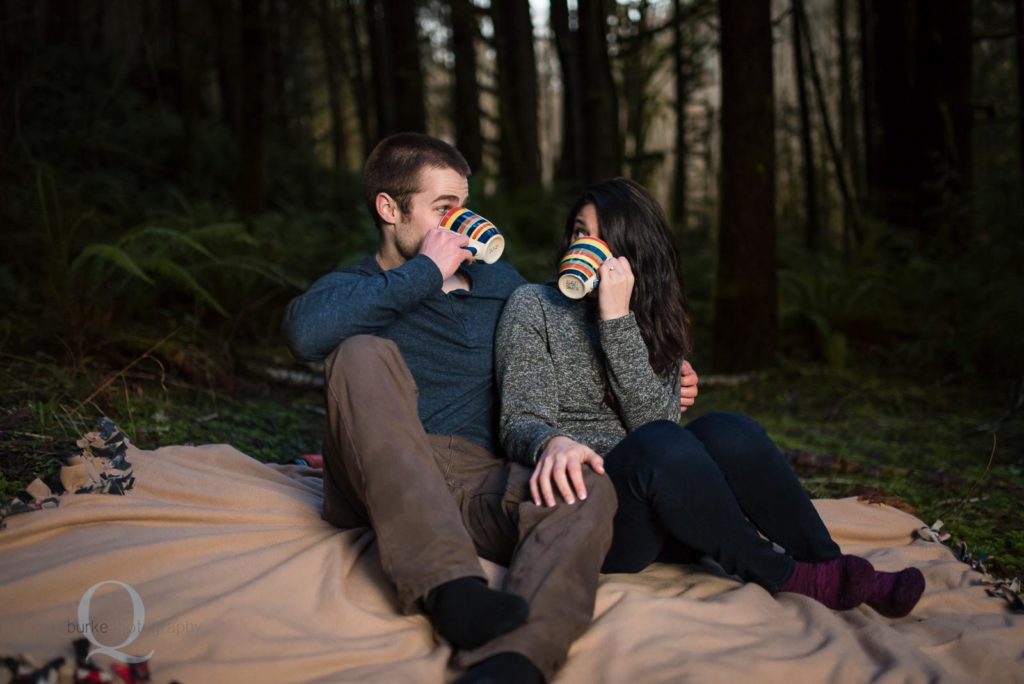 engagement photo drinking tea