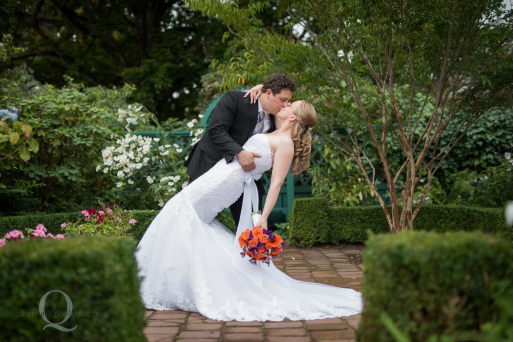 bride groom garden dip kiss