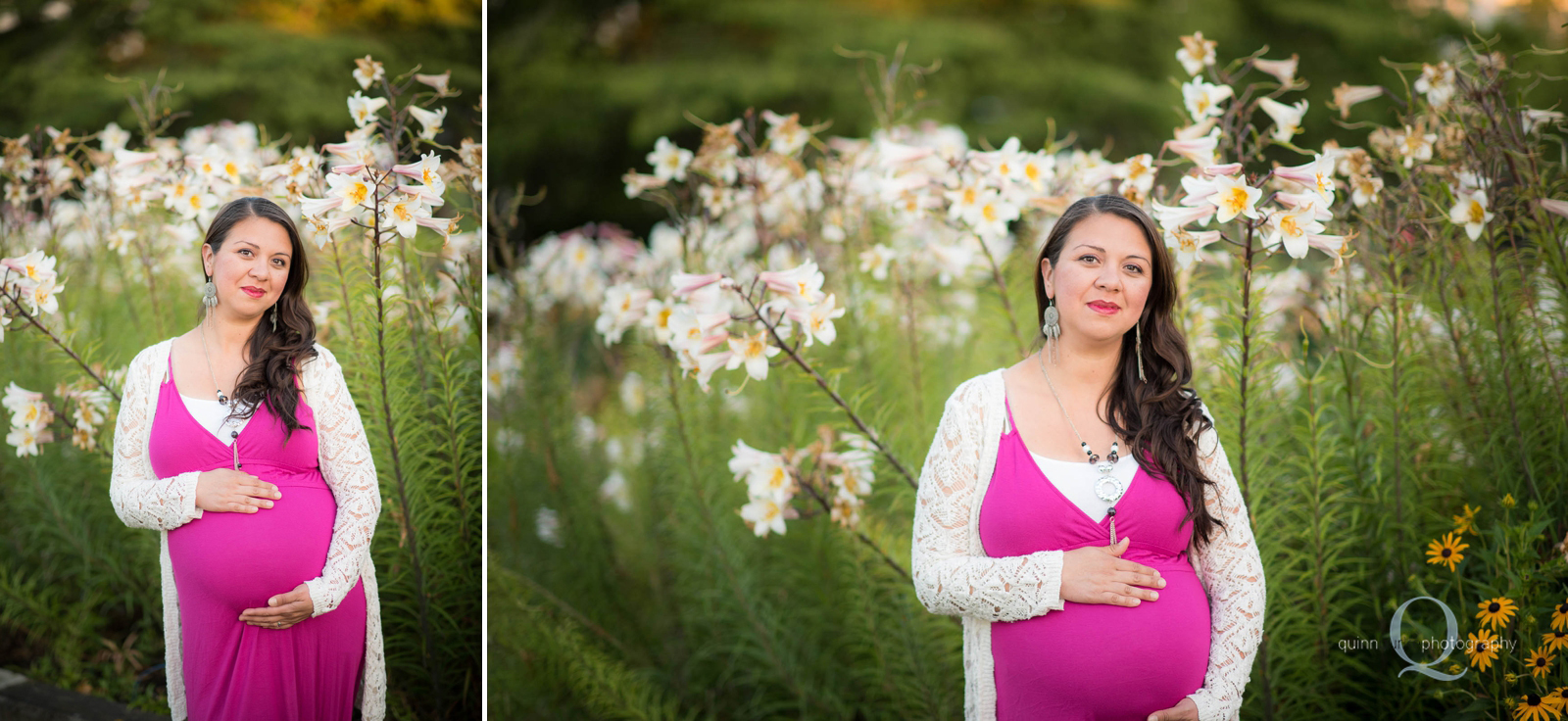 baby bump in front of flowers