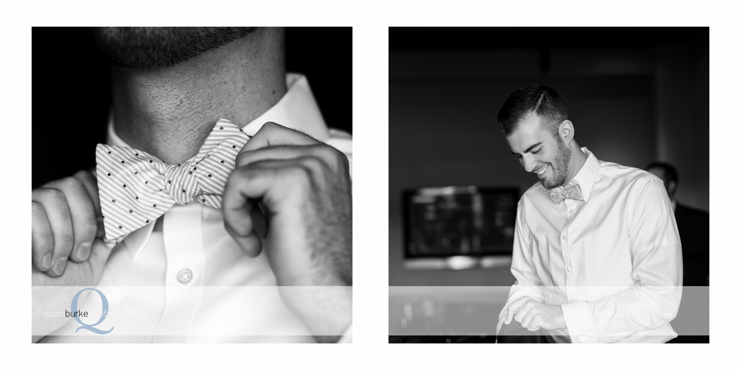 groom tightening bow tie black and white