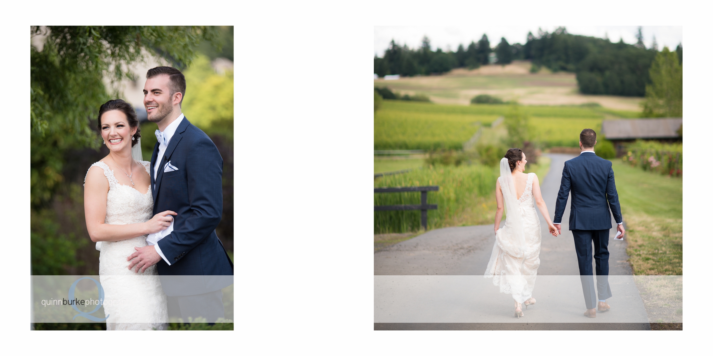 bride and groom walk in vineyard