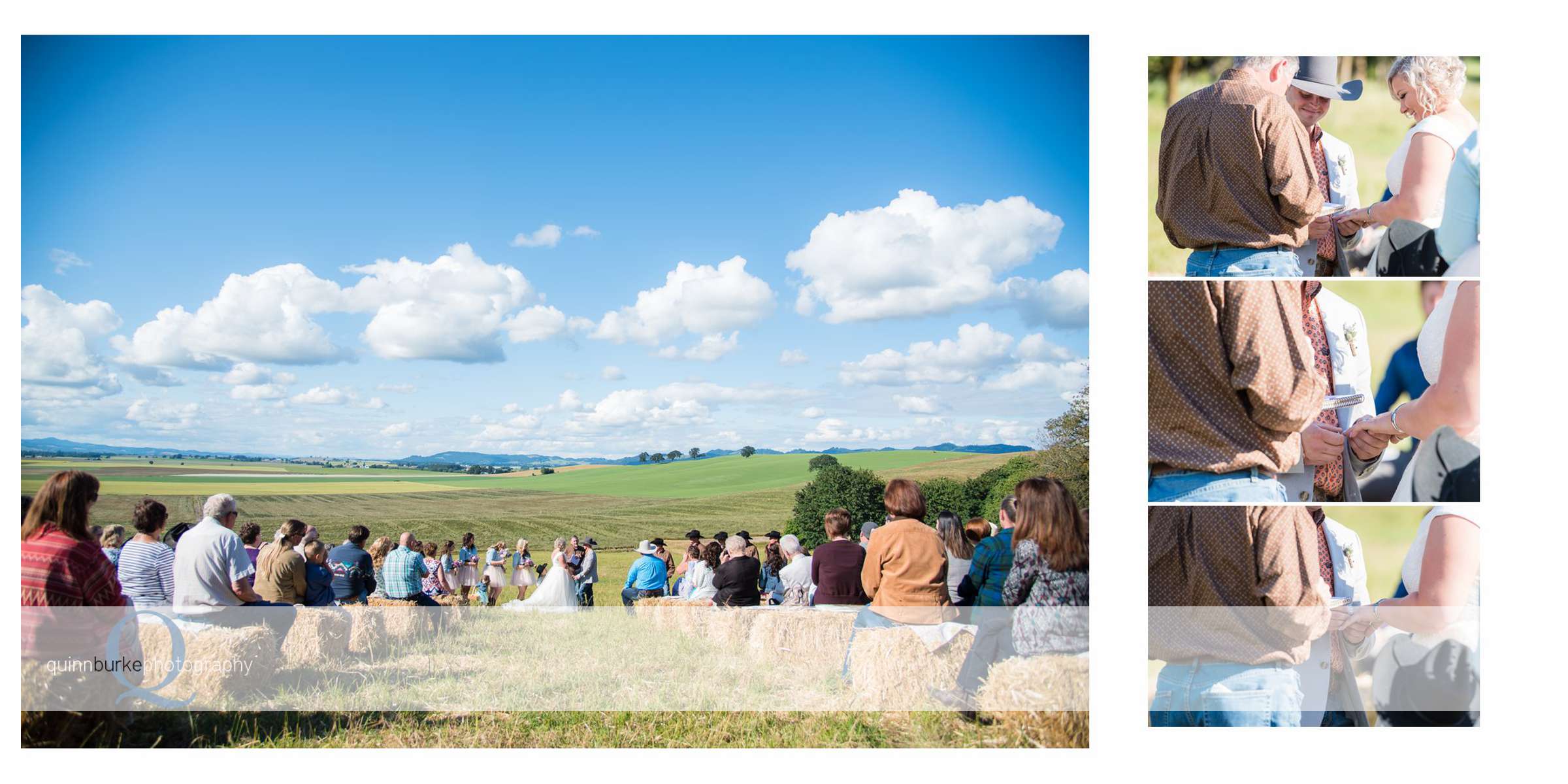 country wedding ceremony guests on hay bails