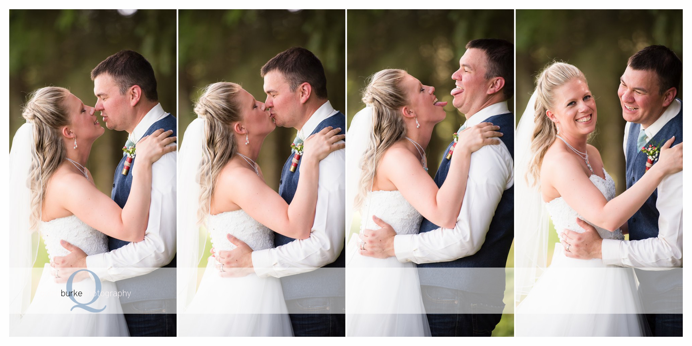 bride and groom goofy kiss