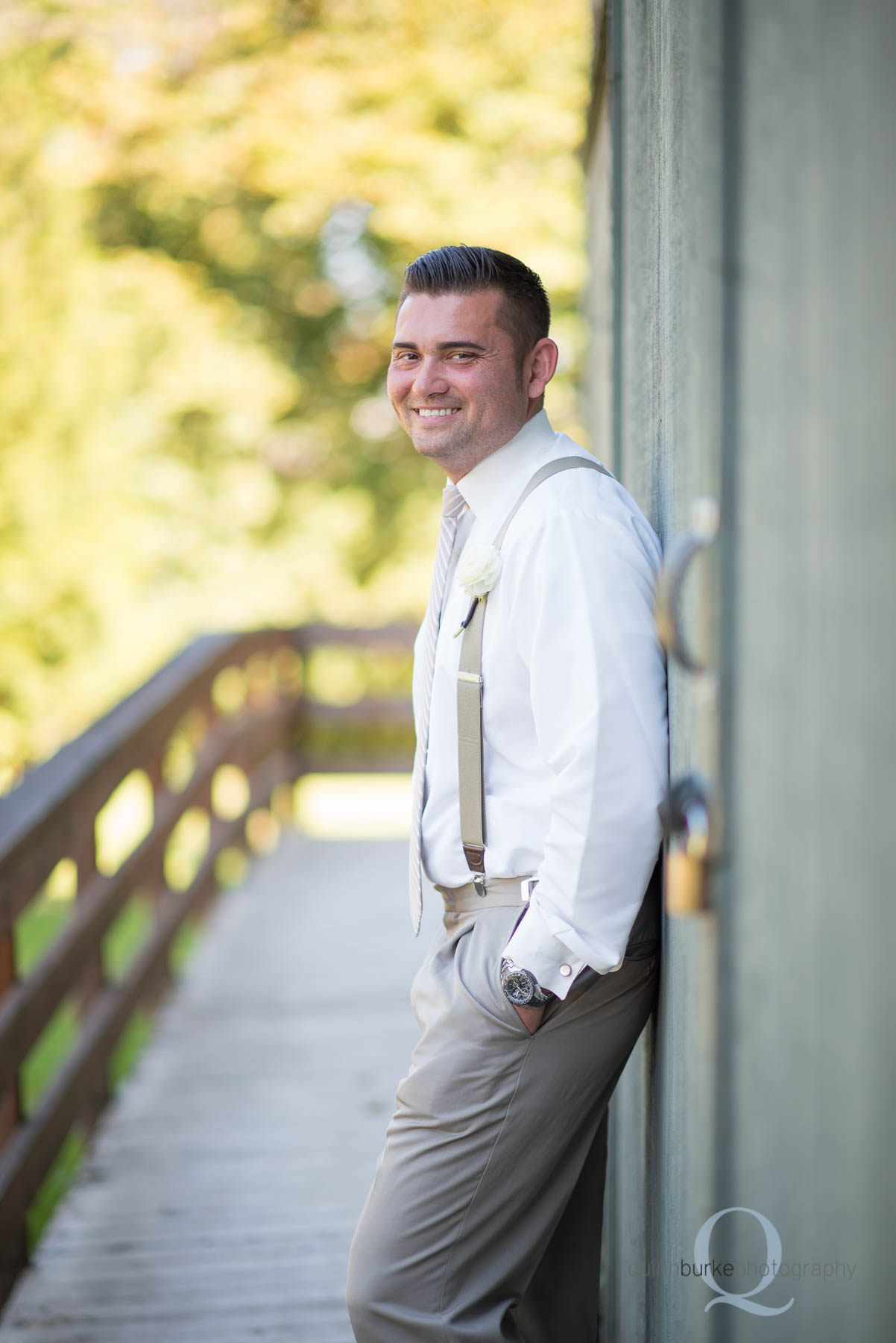 Abernethy Center Portland Wedding groom portrait outside