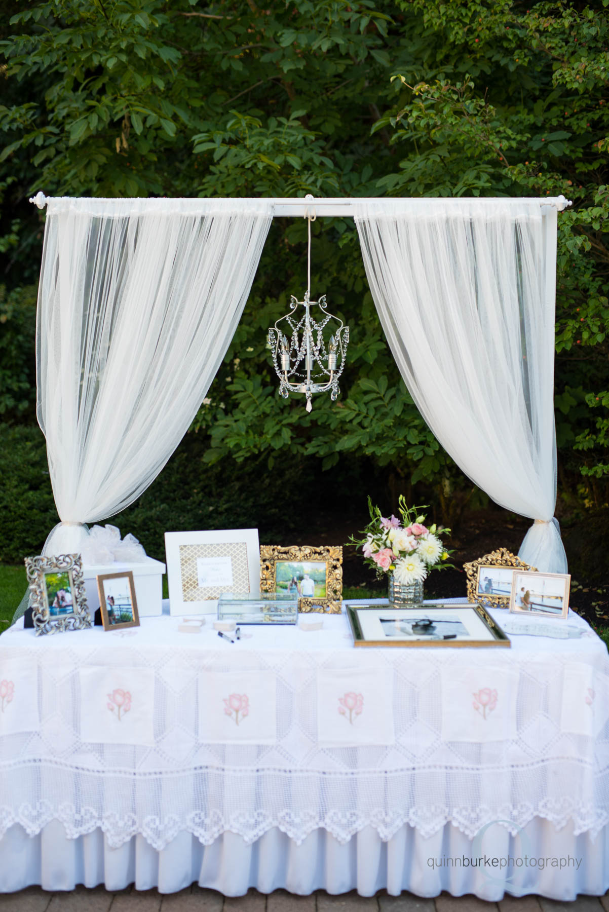 Abernethy Center Portland Wedding guestbook table chandelier