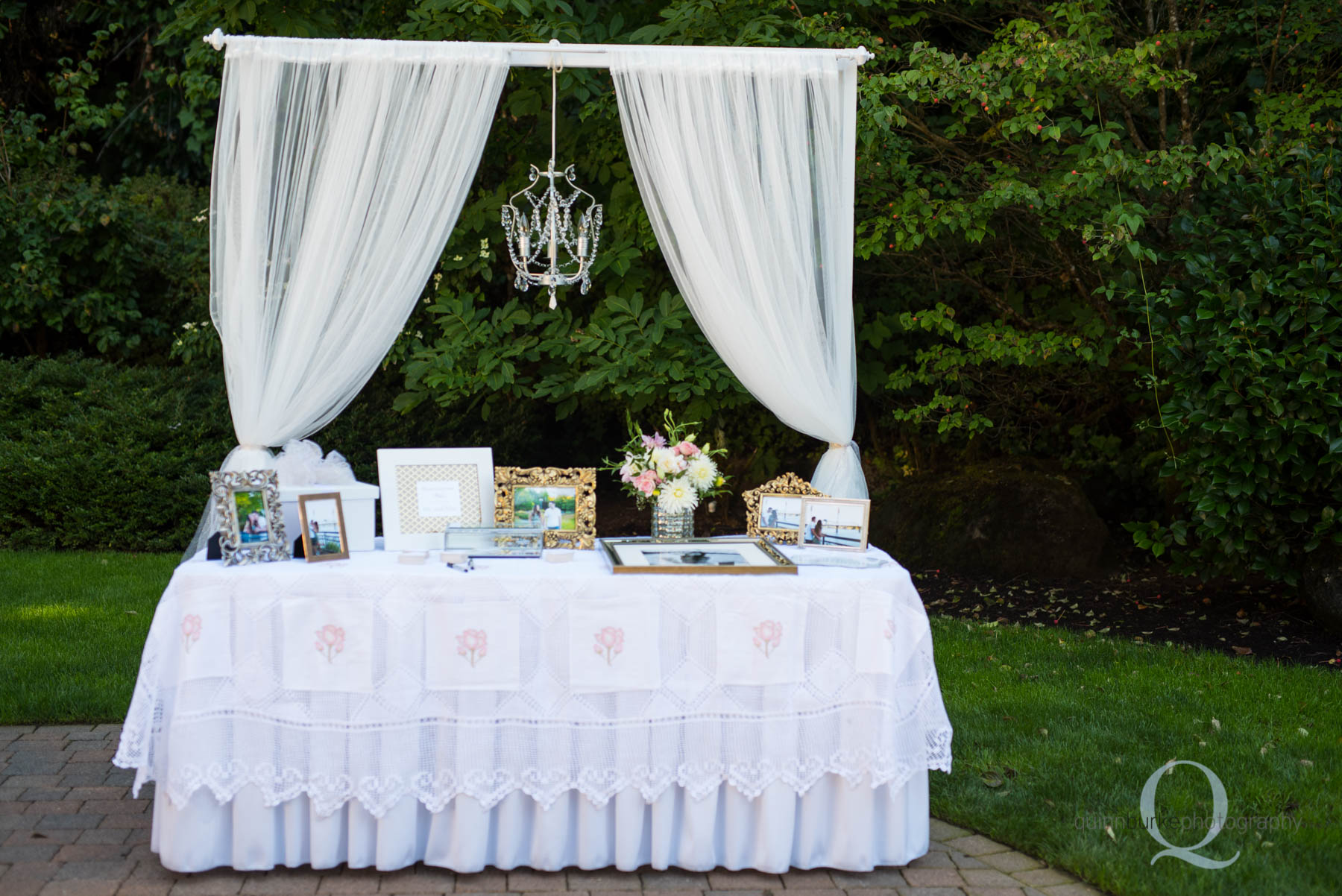 Abernethy Center Portland Wedding guest book table chandelier