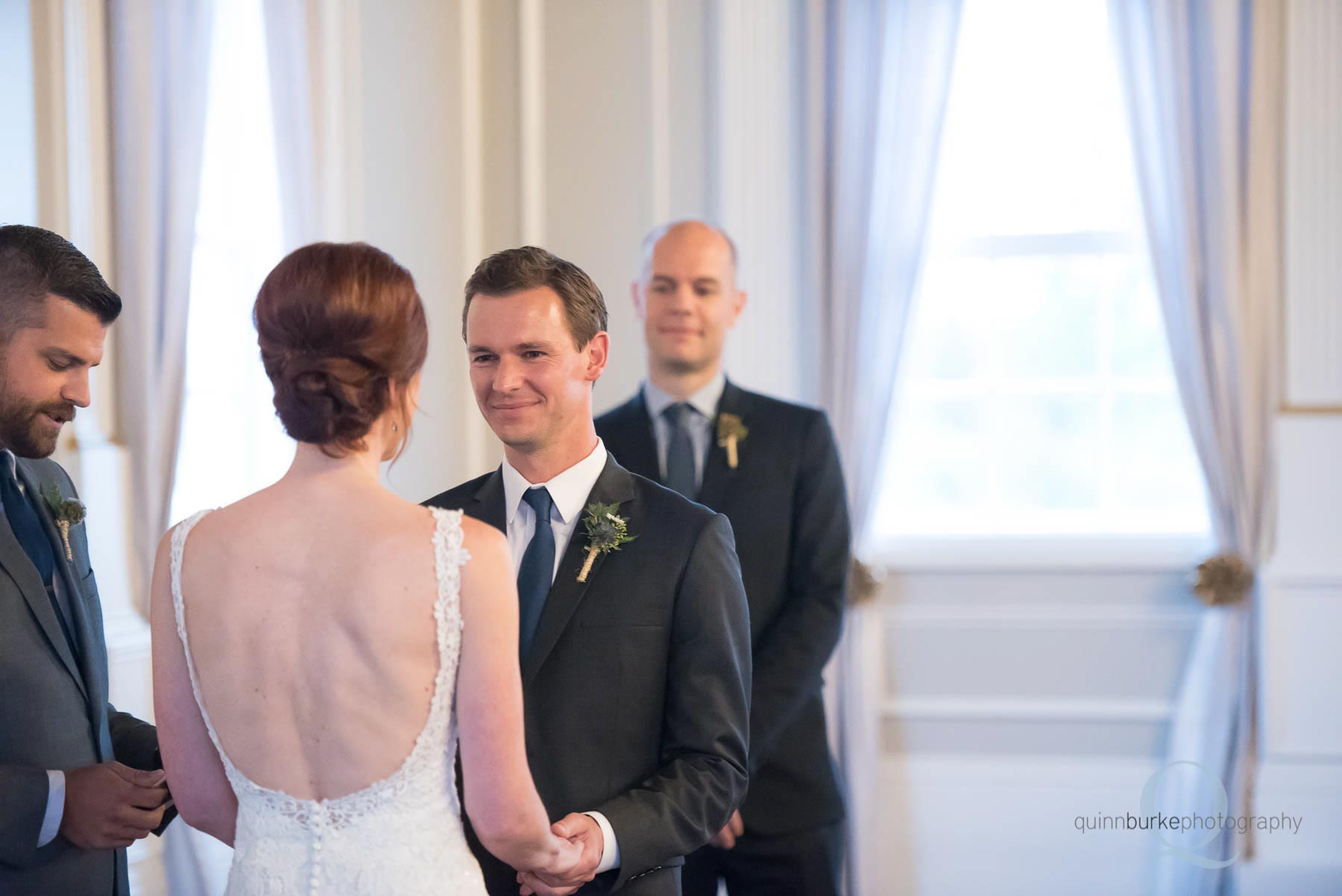 groom smiling at bride during Old Schoolhouse Newberg wedding