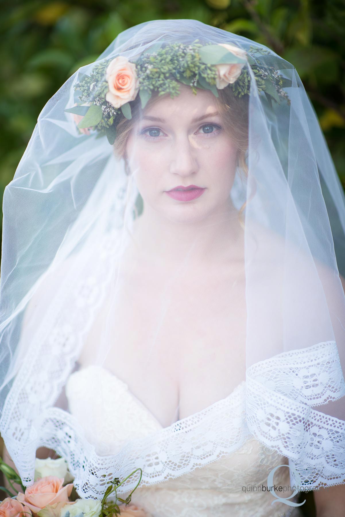 boho style bride with veil and flower crown oregon portland