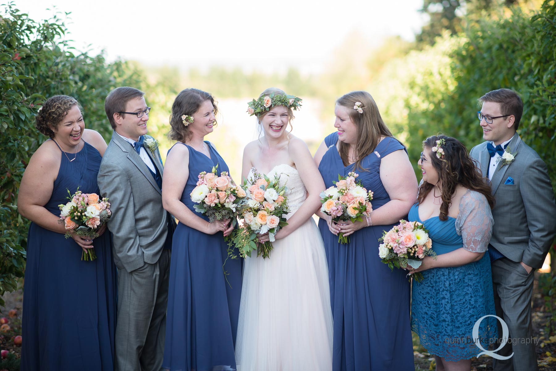 bridal party in orchard wedding Perryhill Farm