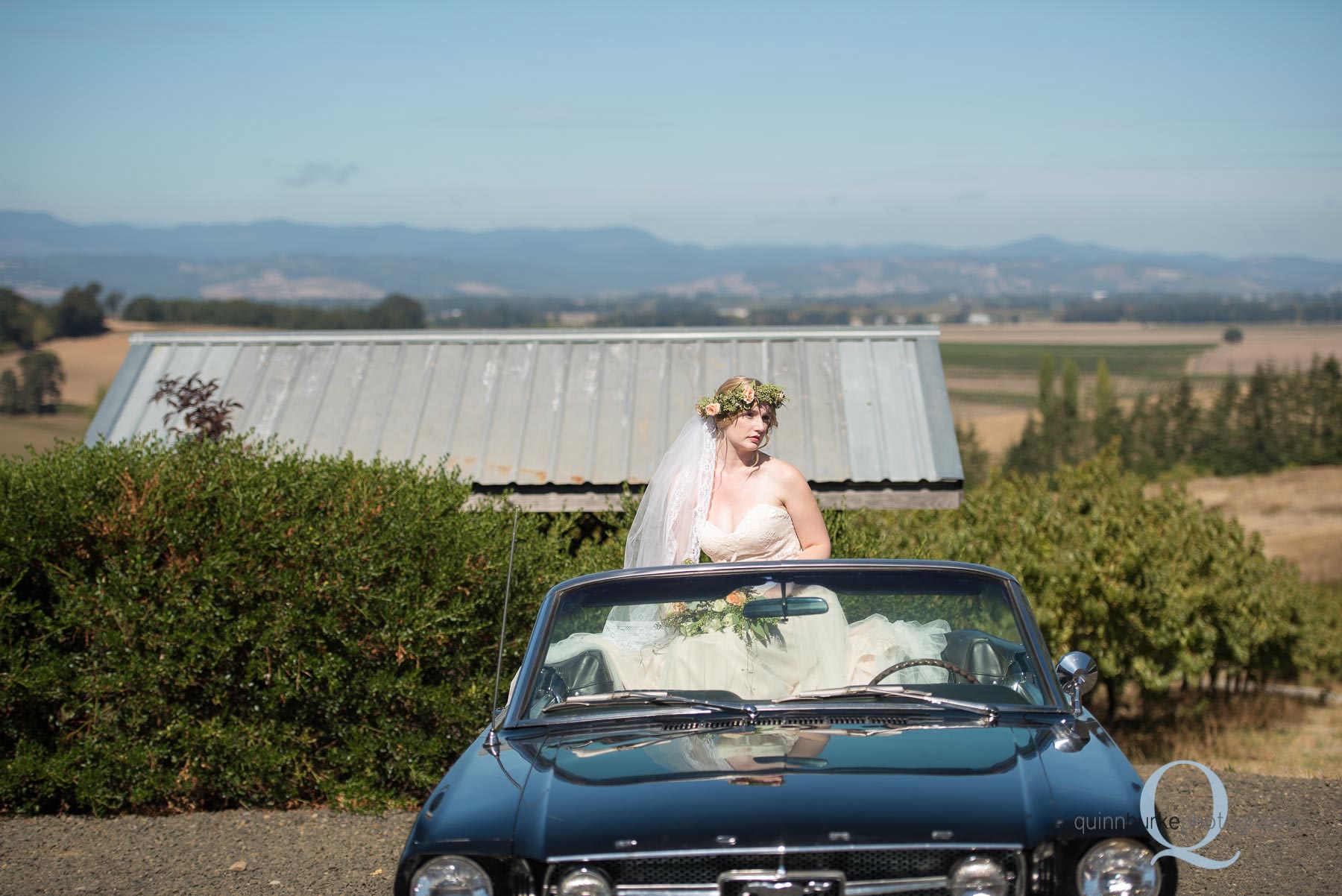 bride on top of classic mustang car wedding oregon Perryhill Farm