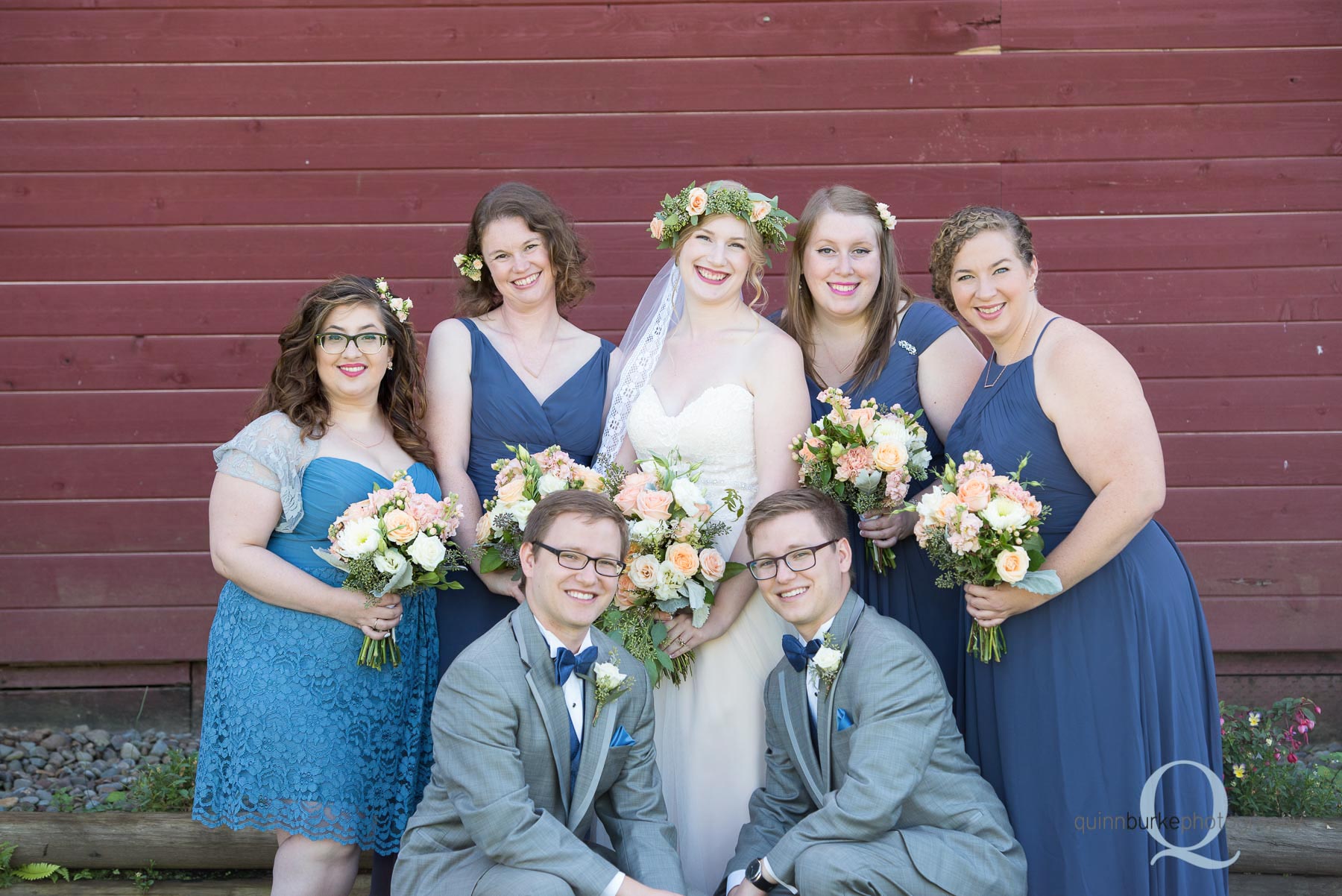 bridal party in front of barn at Perryhill Farm
