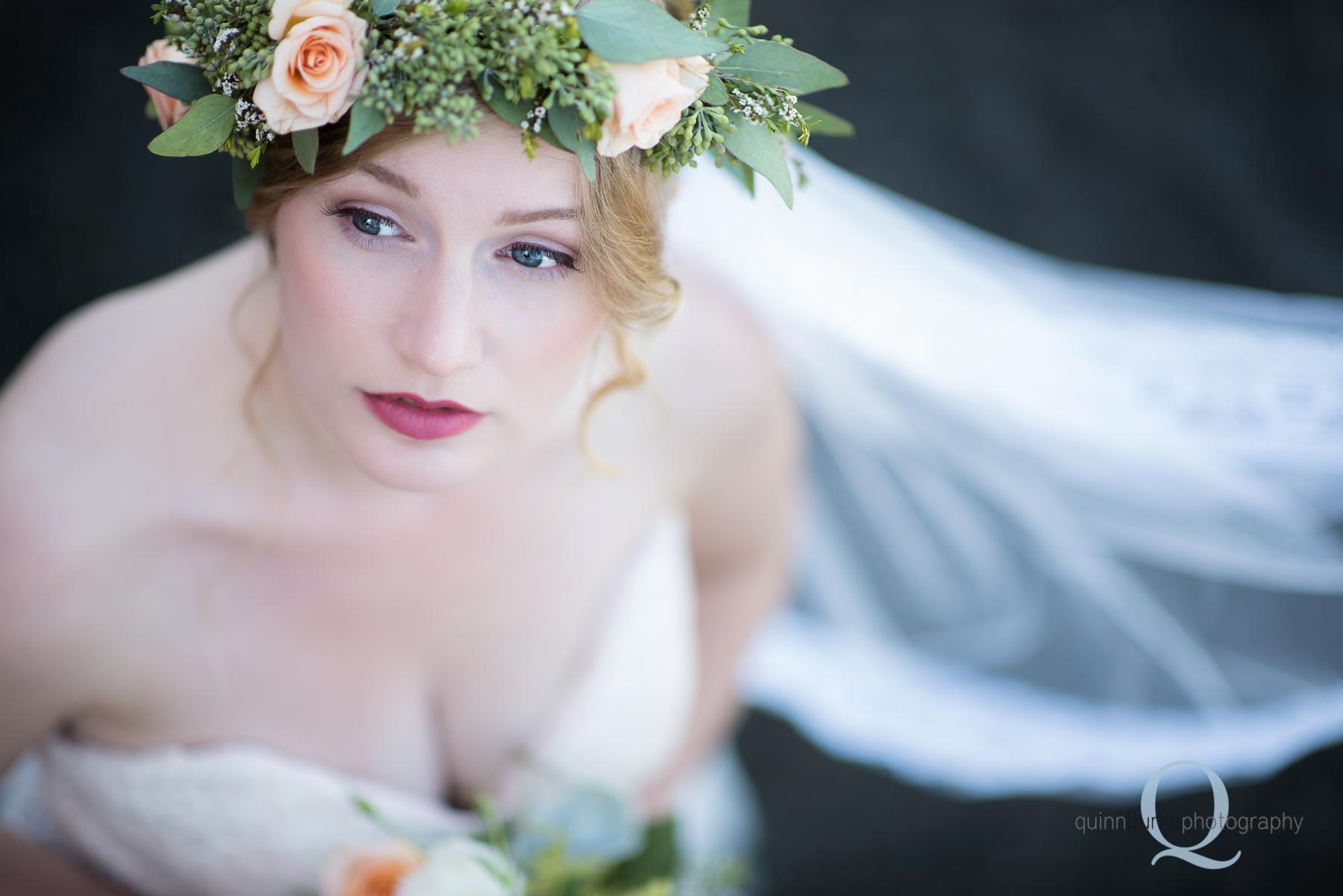 top view of bride flower crown wedding Perryhill Farm oregon