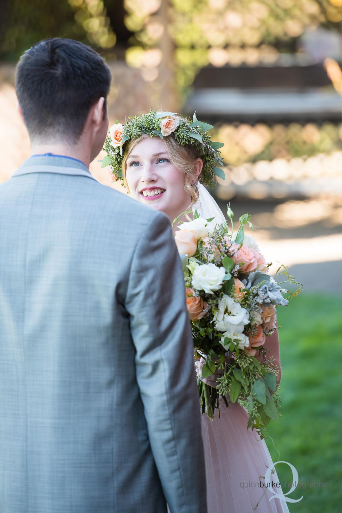 bride looking at groom before wedding oregon