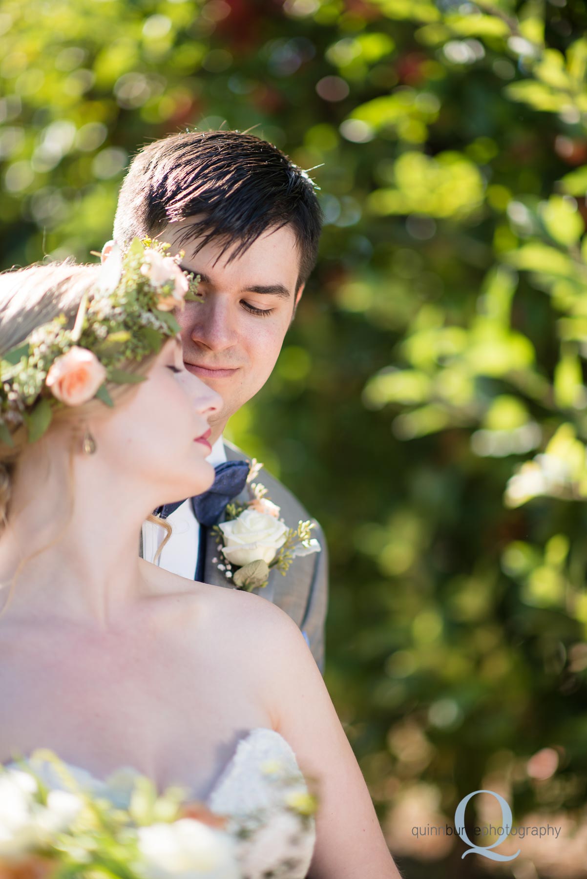 bride and groom in orchard before wedding Perryhill Farm