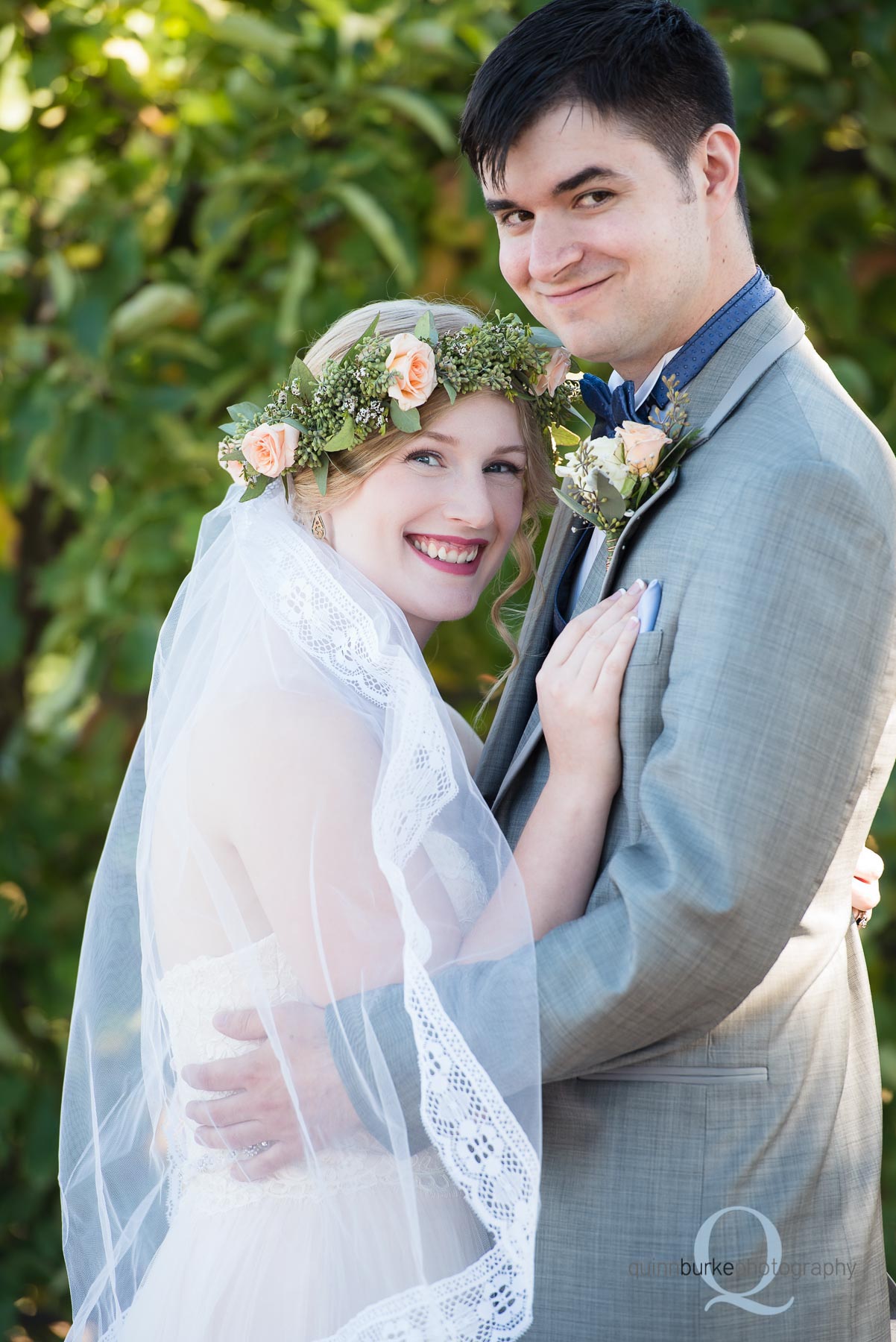 bride and groom portrait in orchard Perryhill Farm wedding