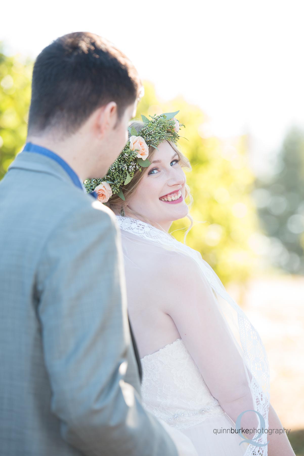 bride looking back at groom Perryhill Farm oregon