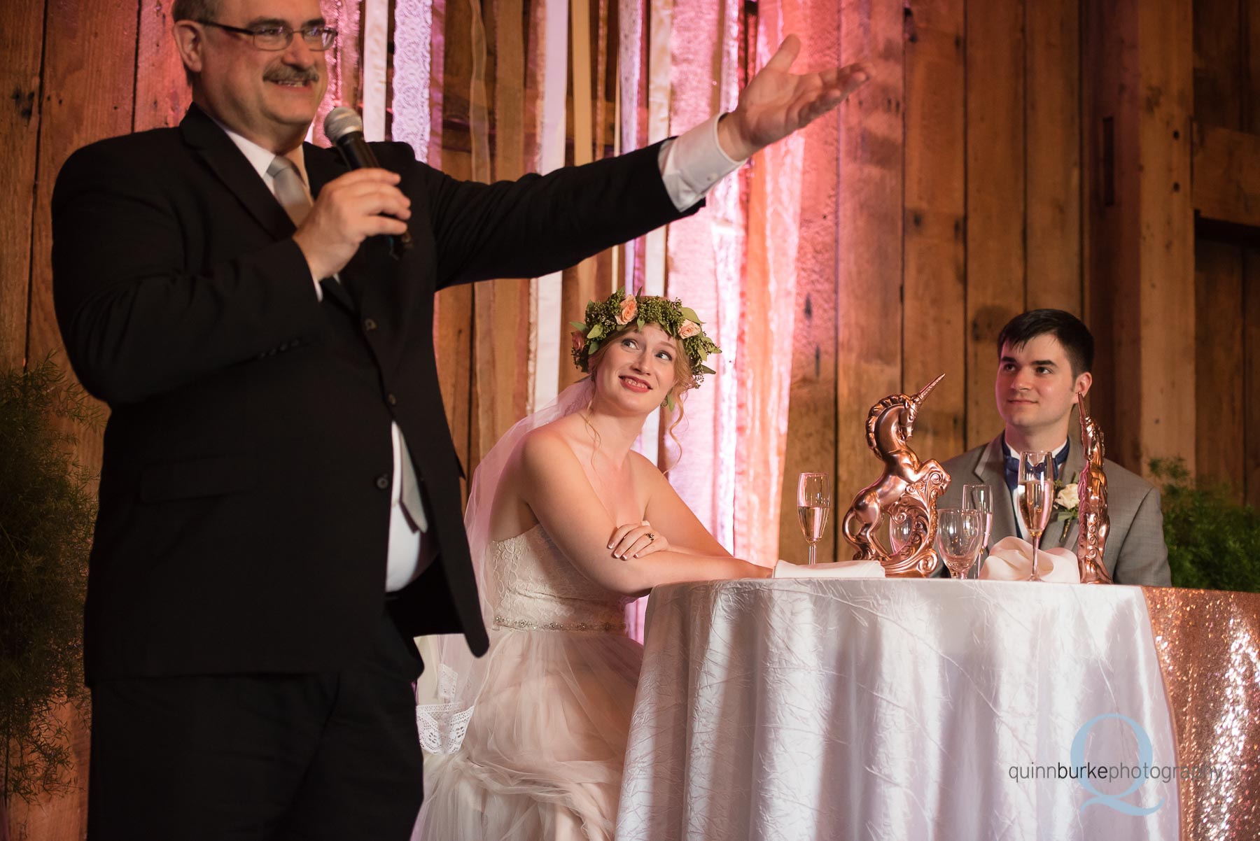 father of groom toast at wedding reception at Perryhill Farm barn oregon