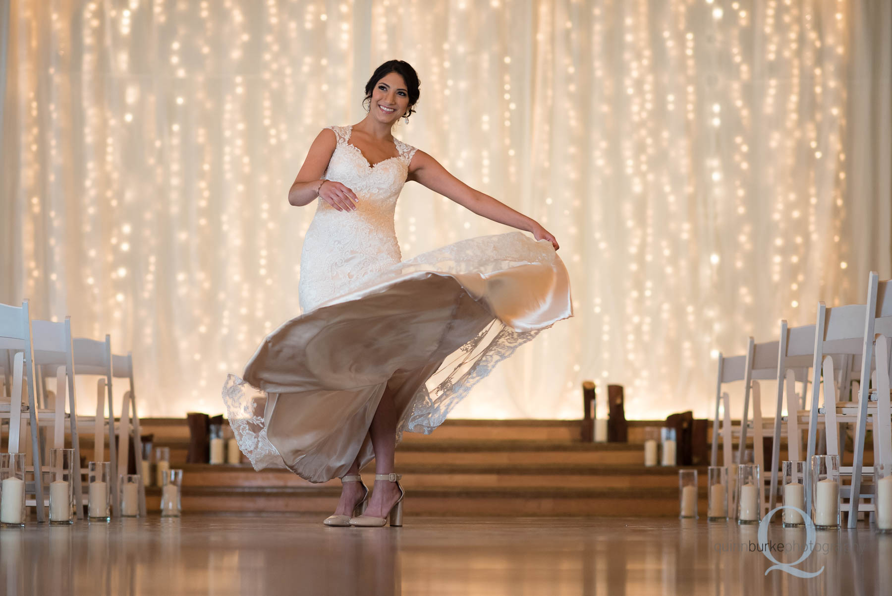 bride twirling with wedding dress at Green Villa Barn