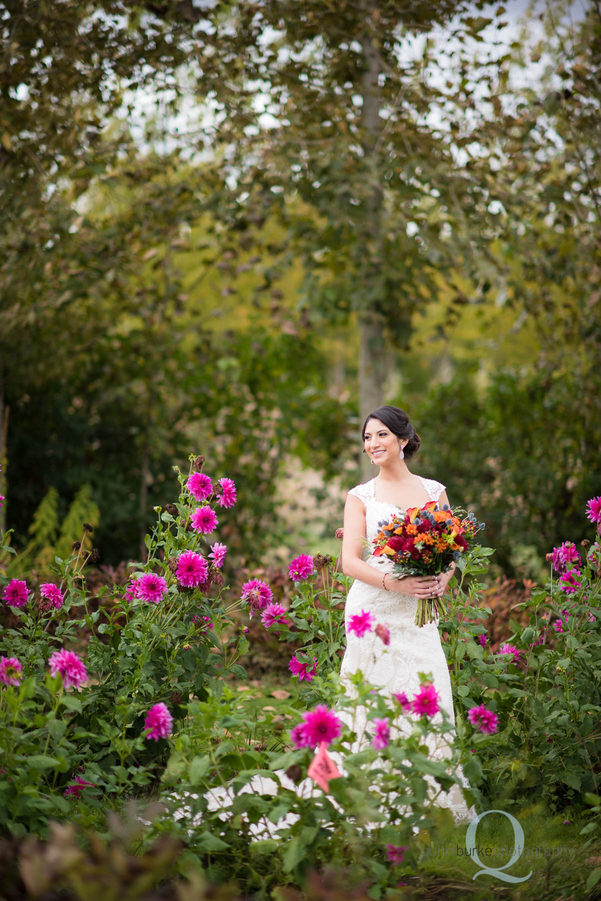 bride with flowers at Green Villa Barn wedding