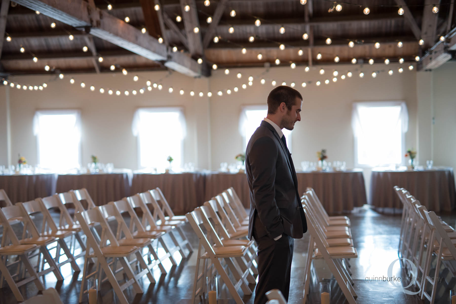 groom waiting for bride first look Green Villa Barn wedding