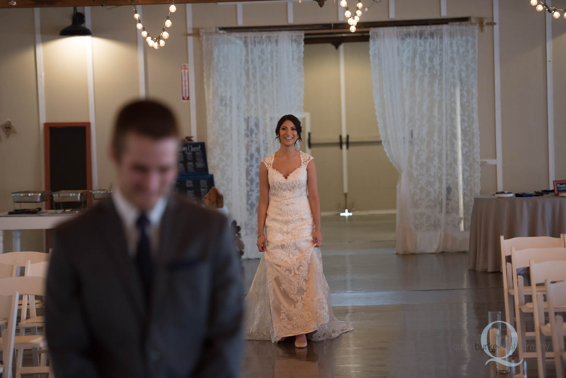 bride walking to groom for first look at Green Villa Barn