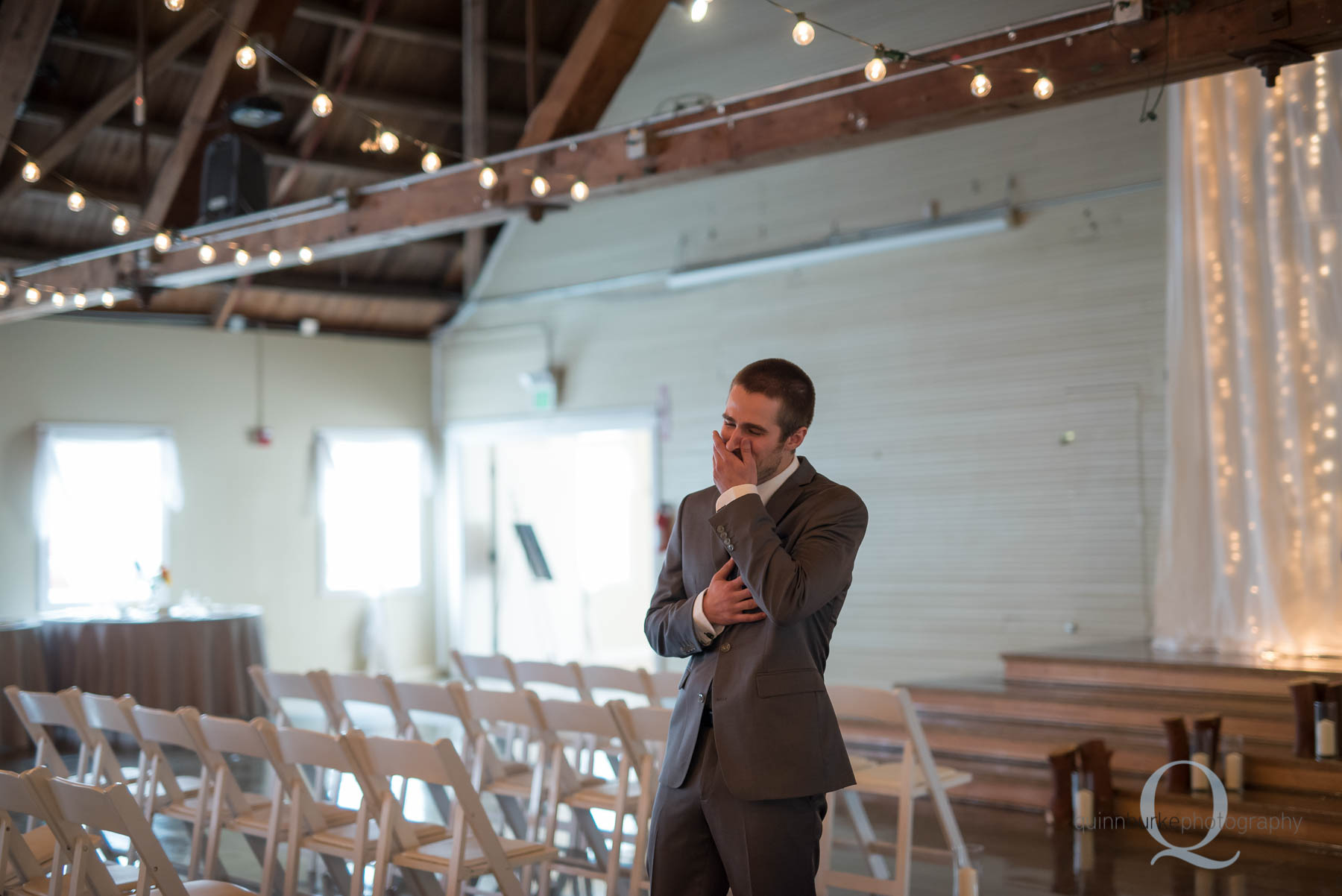 groom sees bride first time at Green Villa Barn wedding