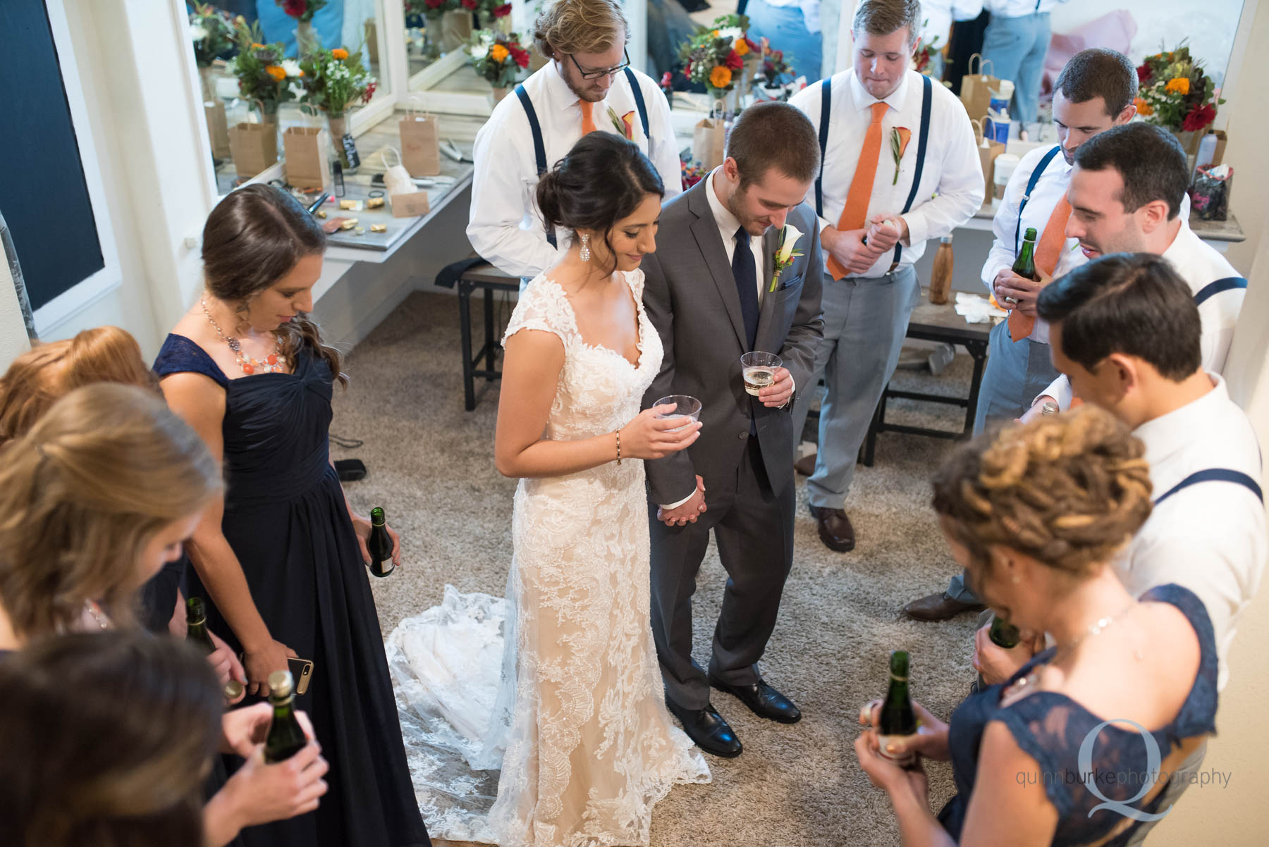 praying for bride and groom before wedding at Green Villa Barn