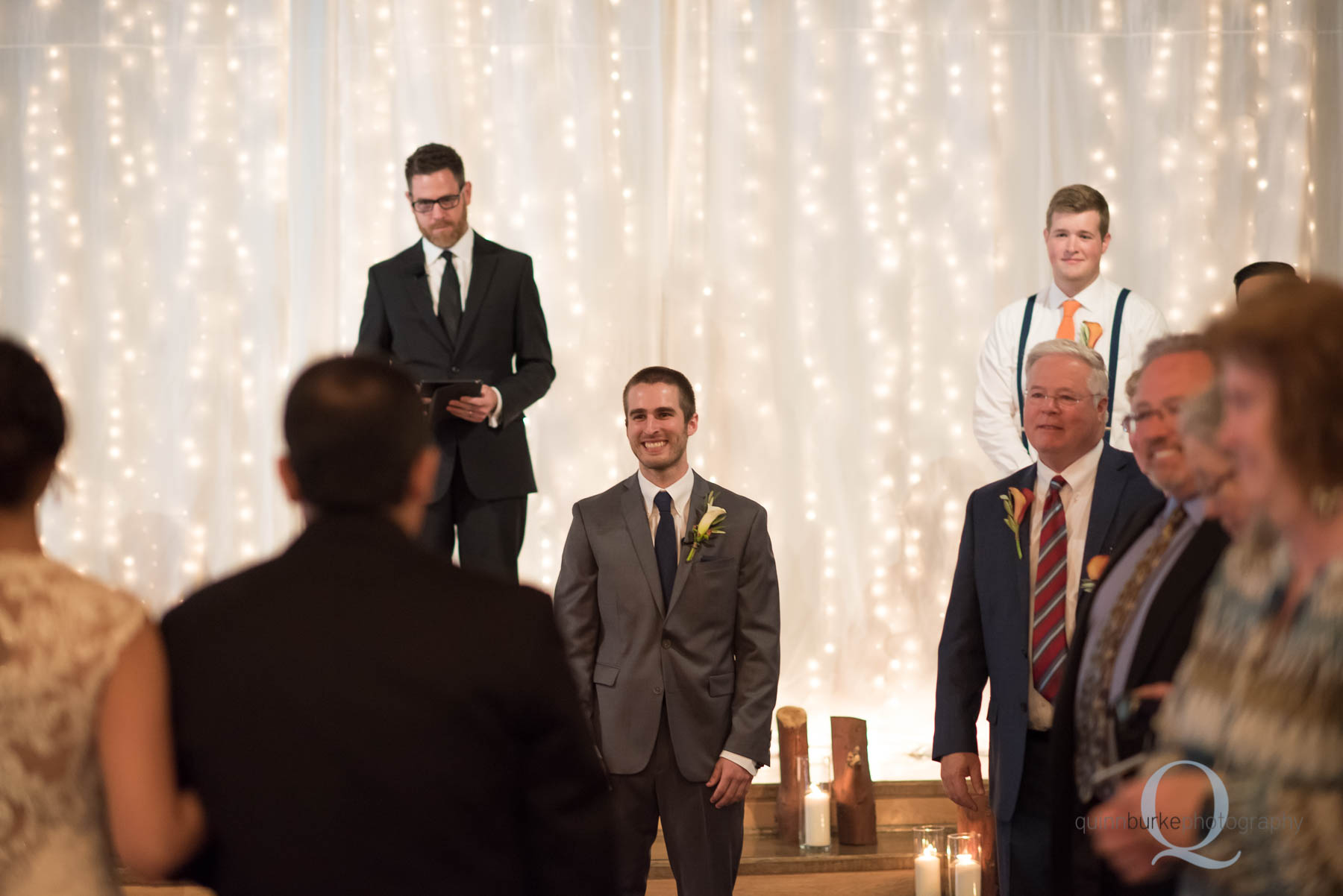 groom waiting for bride wedding ceremony Green Villa Barn