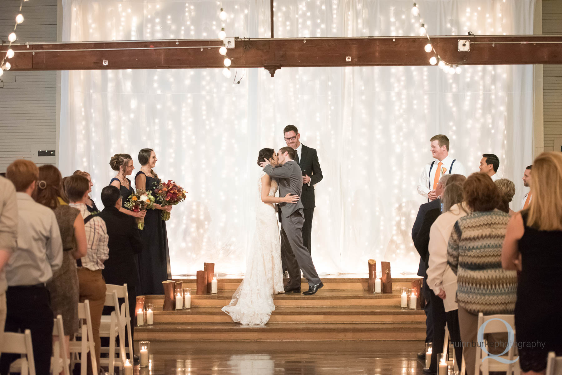 wedding ceremony first kiss at Green Villa Barn