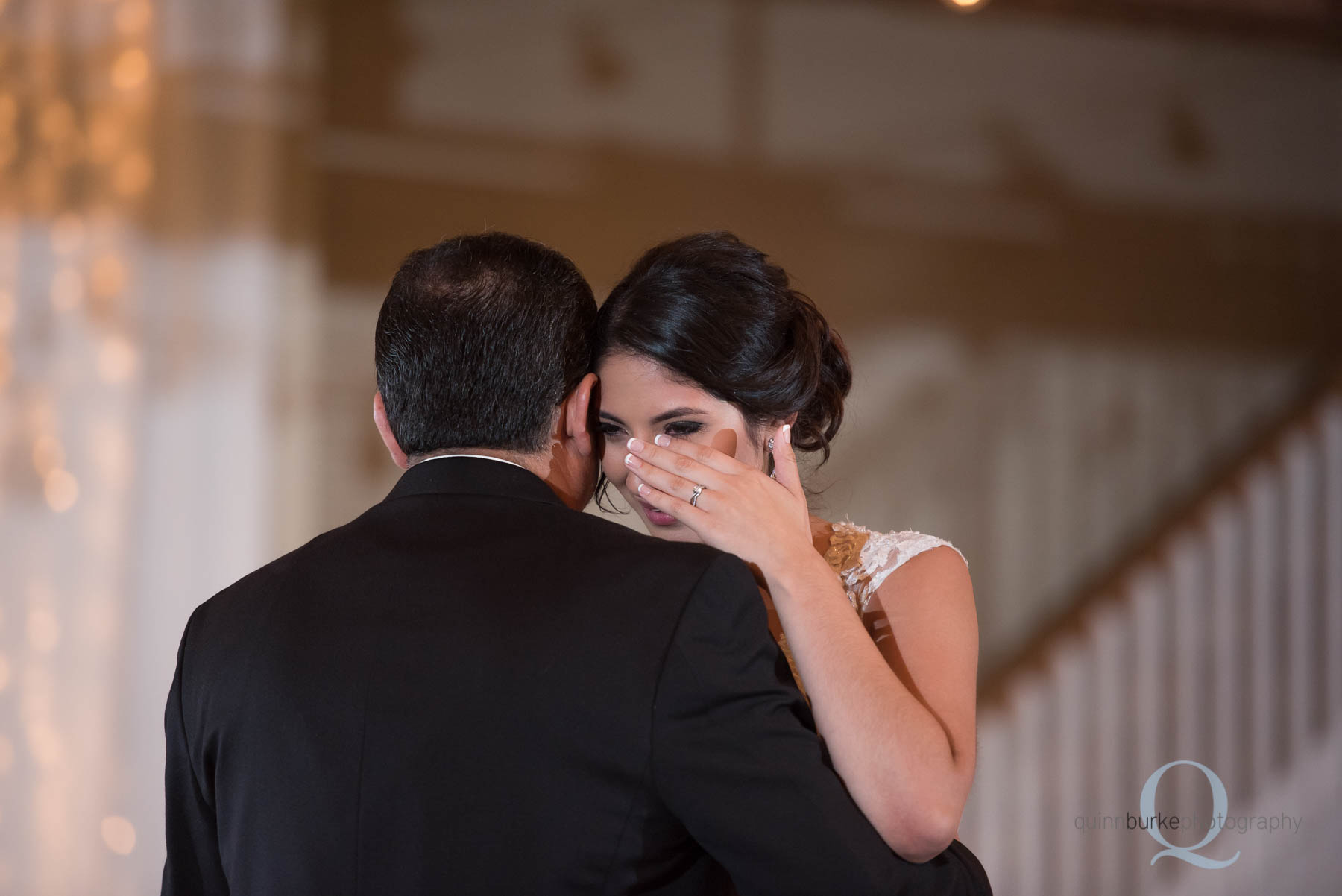 bride cries during father daughter dance at Green Villa Barn wedding