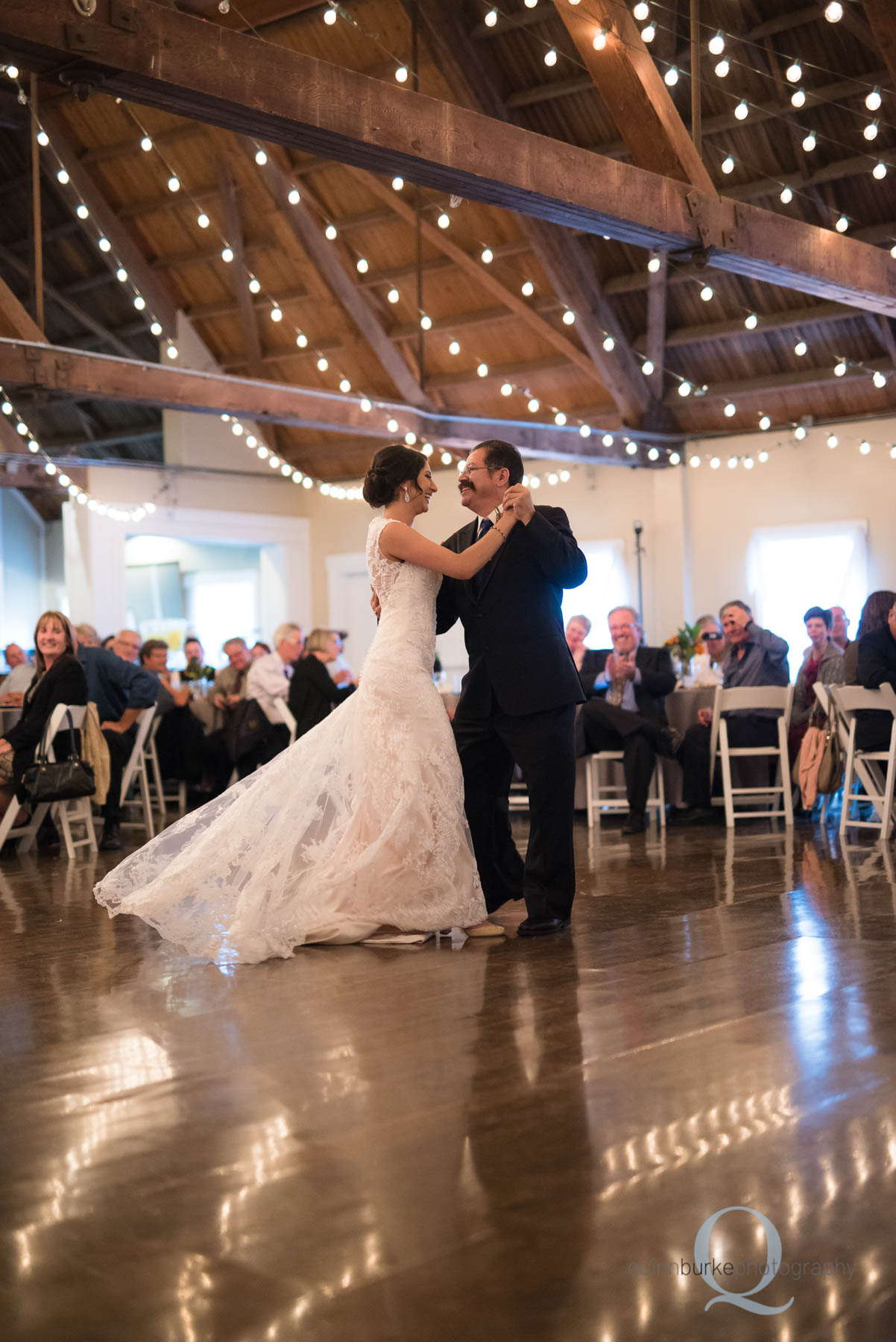 father daughter dance in barn at Green Villa Barn